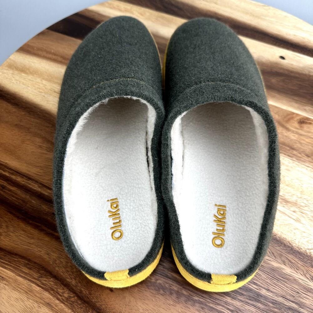 Olukai Hamani Hulu Men's 11 Real Sheep Fur Wool Mule Slippers Green Warm Slip-On - Picture 4 of 7